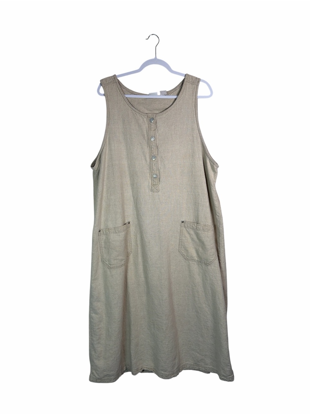Vintage Cherokee 24W Linen Cotton Sleeveless Dress Beige Neutral Pockets Casual